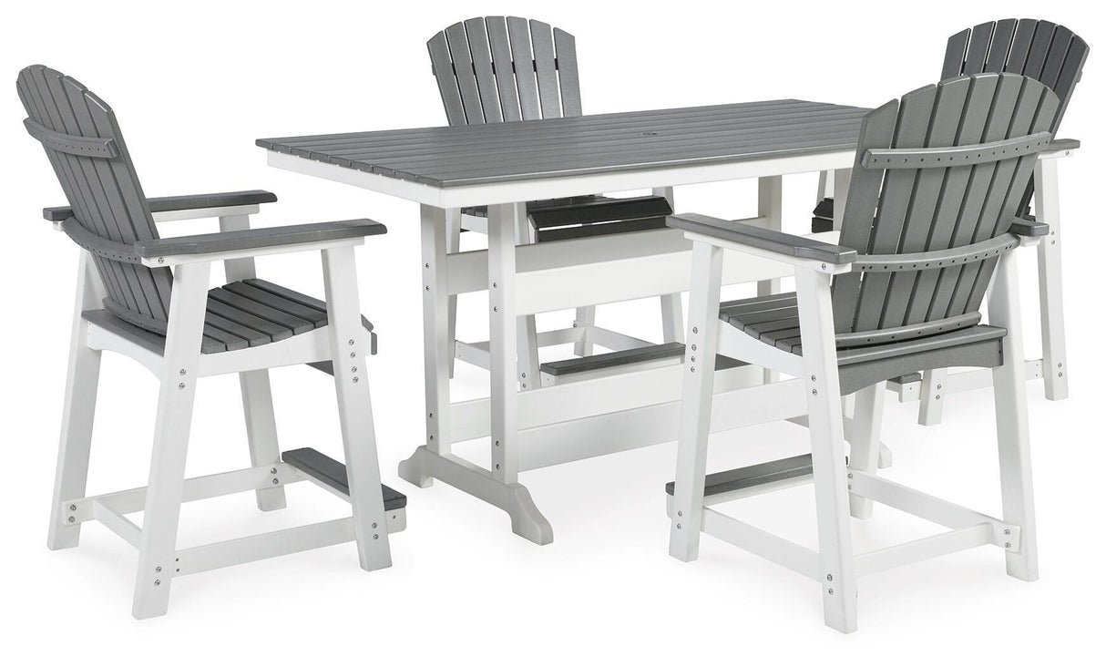 Transville Gray/White Outdoor Counter Height Dining Table with 4 Barstools from Ashley Furniture - Luna Furniture