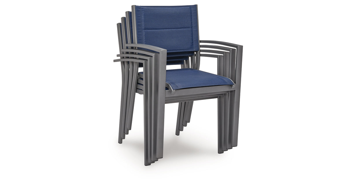Rocky Creek Blue/Gray Outdoor Sling Arm Chair (Set of 4) from Ashley Furniture - Luna Furniture