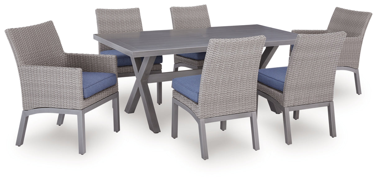 Half Moon Beach Outdoor Dining table with 2 Arm Chairs and 4 Side Chairs in Gray from Ashley Furniture - Luna Furniture