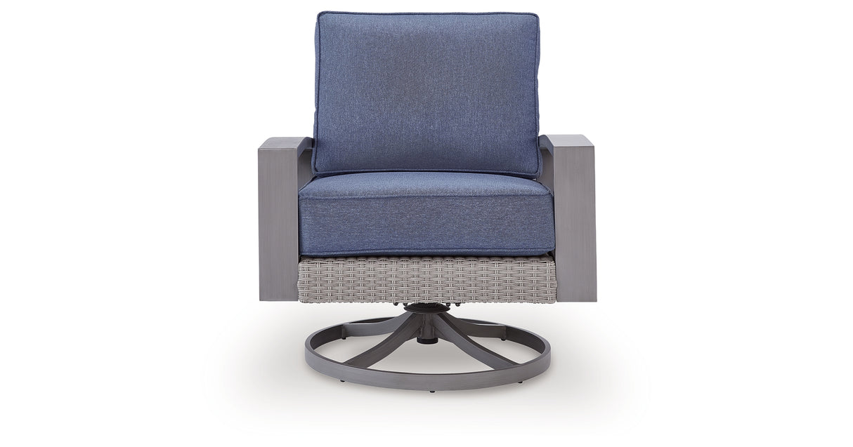 Half Moon Beach Blue/Gray Outdoor Swivel Lounge Chair with Cushion from Ashley Furniture - Luna Furniture