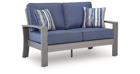 Half Moon Beach Blue/Gray Outdoor Loveseat with Cushion from Ashley Furniture - Luna Furniture