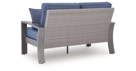 Half Moon Beach Blue/Gray Outdoor Loveseat with Cushion from Ashley Furniture - Luna Furniture