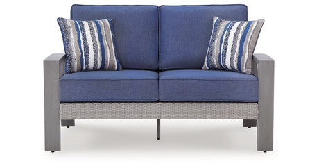 Half Moon Beach Blue/Gray Outdoor Loveseat with Cushion from Ashley Furniture - Luna Furniture