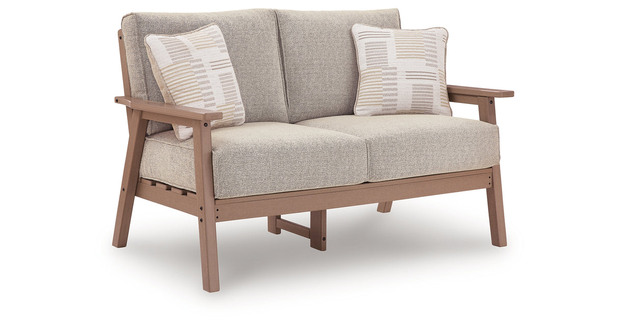 Grover Beach Driftwood Outdoor Loveseat with Cushion from Ashley Furniture - Luna Furniture