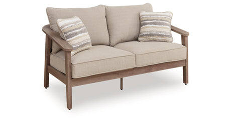 Harmony Headlands Natural/Gray Outdoor Loveseat with Cushion from Ashley - Luna Furniture