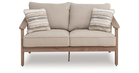 Harmony Headlands Natural/Gray Outdoor Loveseat with Cushion from Ashley - Luna Furniture