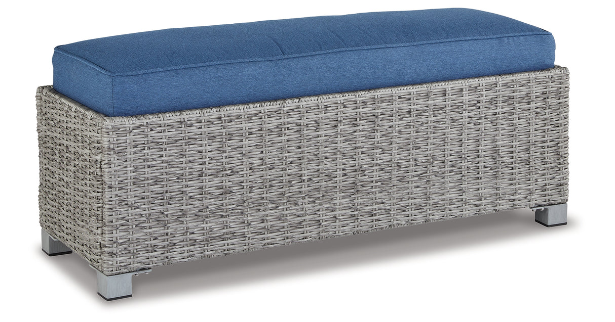 Naples Beach Light Gray Outdoor Bench with Cushion from Ashley Furniture - Luna Furniture