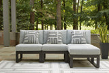 Beachloft outdoor sectional with chaise, light gray cushions and geometric pillows, patio setting