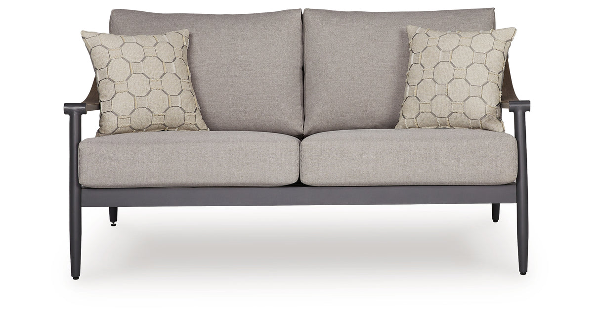 Ocean Beach Outdoor Sofa and Loveseat with Coffee Table in Gray from Ashley Furniture - Luna Furniture