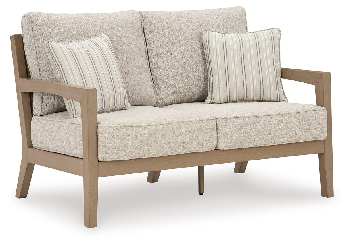 Hallow Creek Driftwood Outdoor Loveseat with Cushion from Ashley Furniture - Luna Furniture