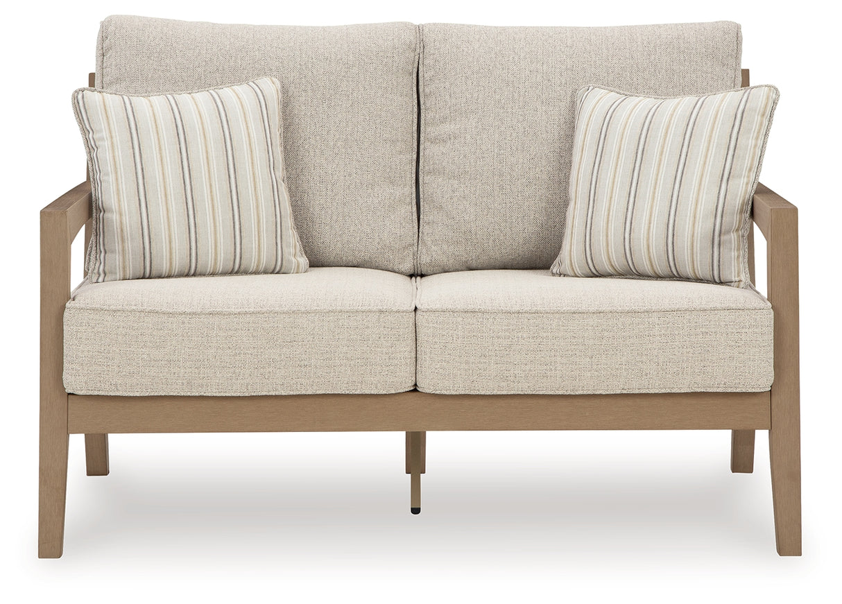 Hallow Creek Driftwood Outdoor Loveseat with Cushion from Ashley Furniture - Luna Furniture