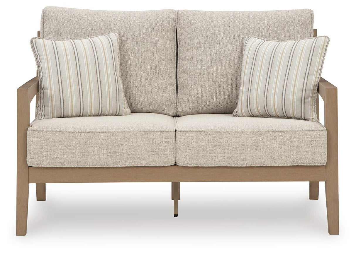 Hallow Creek Driftwood Outdoor Loveseat with Cushion from Ashley Furniture - Luna Furniture