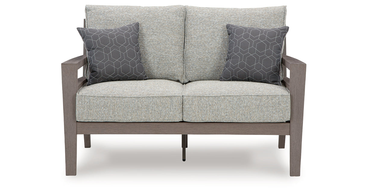 Hillside Barn Gray/Brown Outdoor Loveseat with Cushion from Ashley Furniture - Luna Furniture
