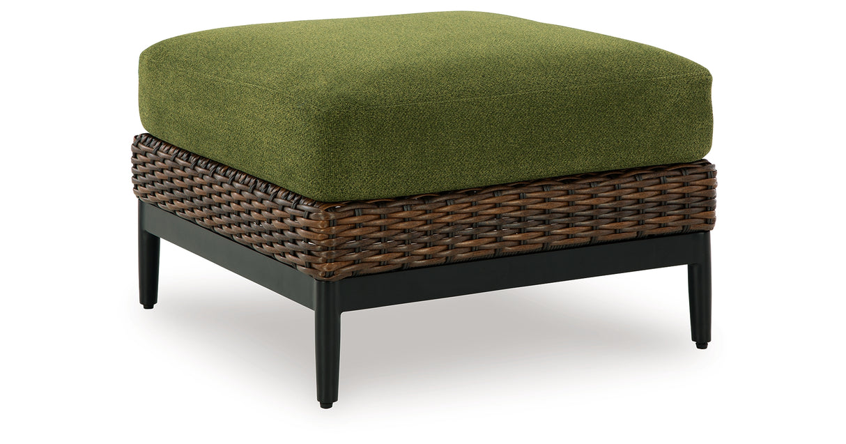 Horizon Hall Brown/Green Outdoor Ottoman with Cushion from Ashley Furniture - Luna Furniture