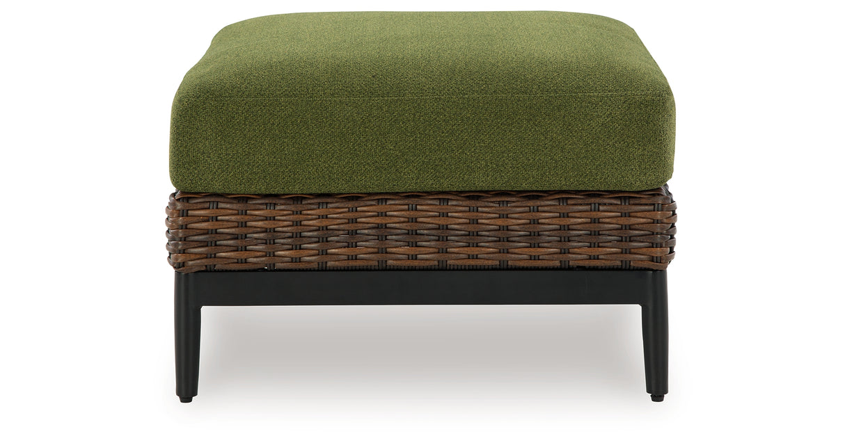 Horizon Hall Brown/Green Outdoor Ottoman with Cushion from Ashley Furniture - Luna Furniture