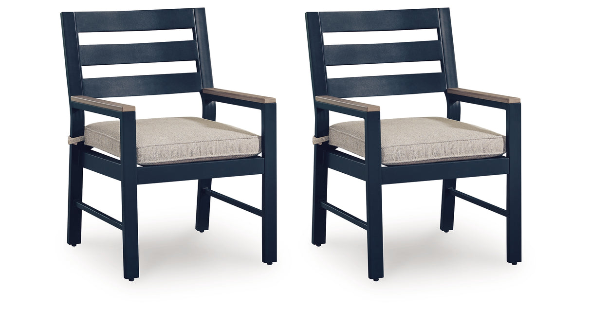 East Beach Blue Outdoor Arm Chair with Cushion (Set of 2) from Ashley Furniture - Luna Furniture