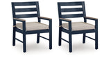 East Beach Blue Outdoor Arm Chair with Cushion (Set of 2) from Ashley Furniture - Luna Furniture