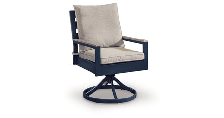 East Beach Blue Outdoor Swivel Chair with Cushion (Set of 2) from Ashley Furniture - Luna Furniture