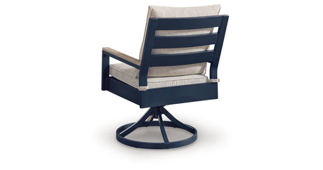 East Beach Blue Outdoor Swivel Chair with Cushion (Set of 2) from Ashley Furniture - Luna Furniture