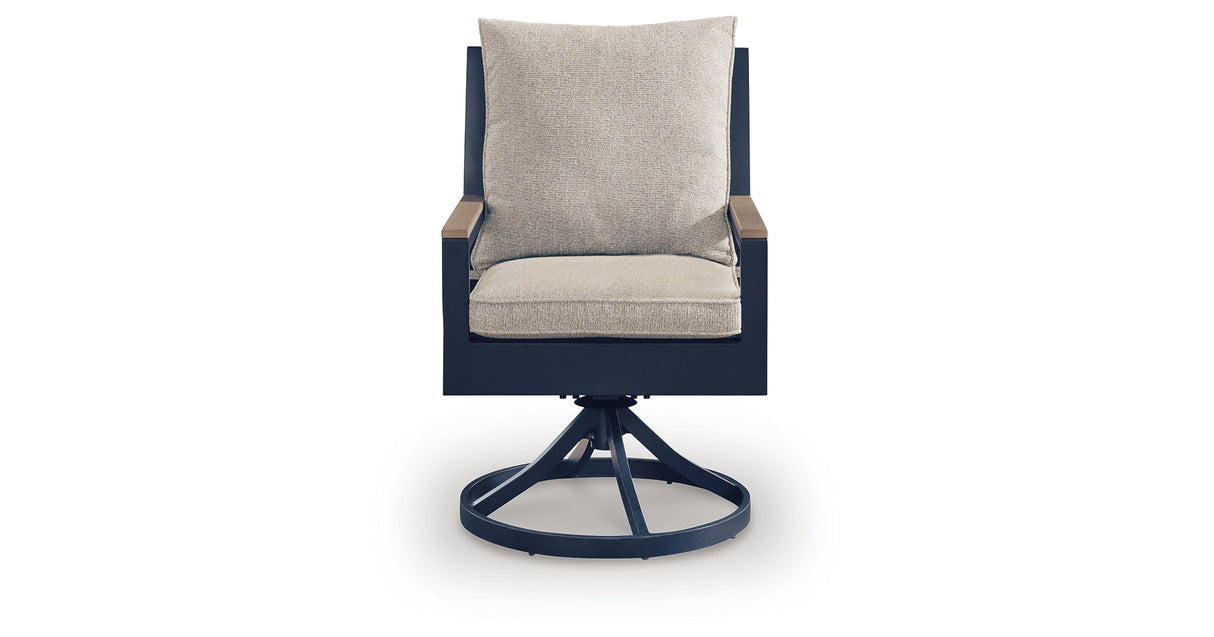 East Beach Blue Outdoor Swivel Chair with Cushion (Set of 2) from Ashley Furniture - Luna Furniture