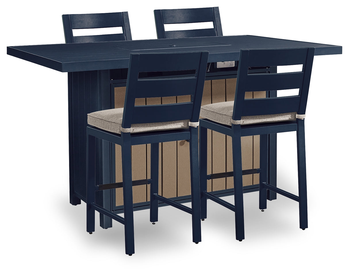 East Beach Outdoor Fire Pit Bar Table and 4 Barstools in Navy Blue/Driftwood from Ashley - Luna Furniture