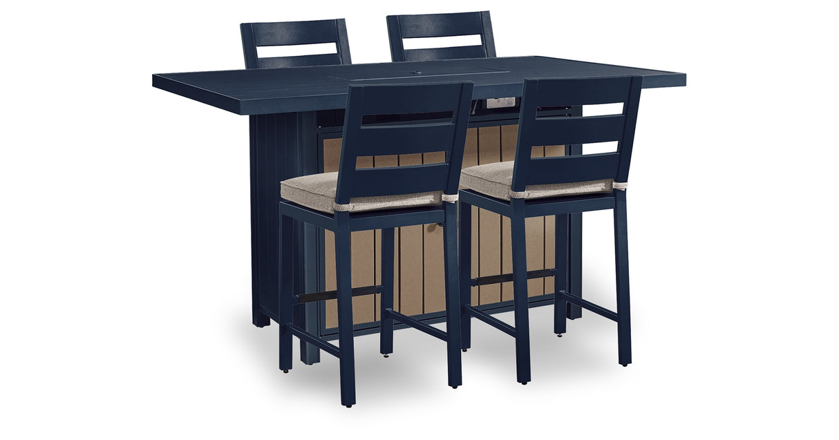 East Beach Outdoor Fire Pit Bar Table and 4 Barstools in Navy Blue/Driftwood from Ashley Furniture - Luna Furniture