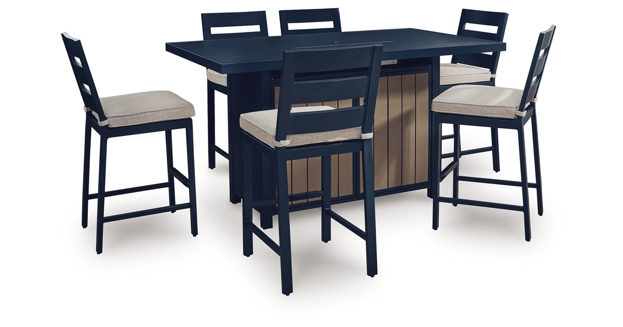 East Beach Outdoor Fire Pit Table and 6 Barstools in Navy Blue/Driftwood from Ashley Furniture - Luna Furniture
