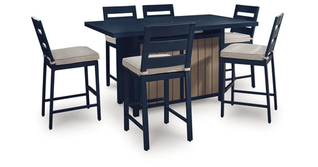 East Beach Outdoor Fire Pit Table and 6 Barstools in Navy Blue/Driftwood from Ashley - Luna Furniture