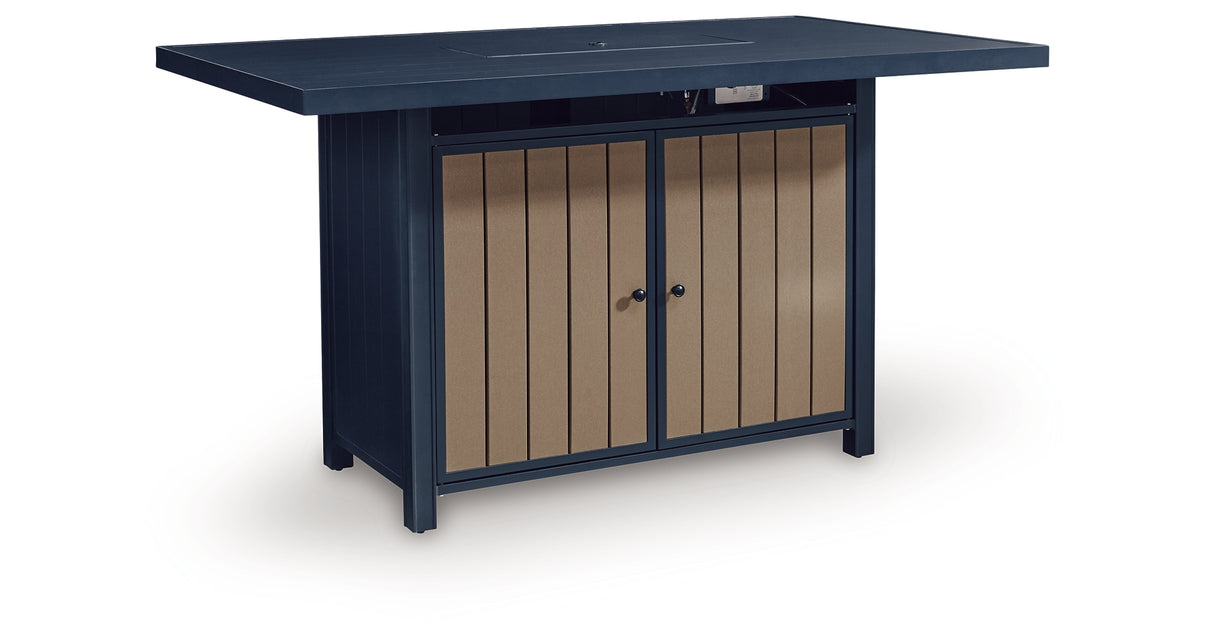 East Beach Blue Outdoor Bar Table with Fire Pit from Ashley Furniture - Luna Furniture