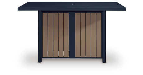 East Beach Outdoor Fire Pit Bar Table and 4 Barstools in Navy Blue/Driftwood from Ashley - Luna Furniture