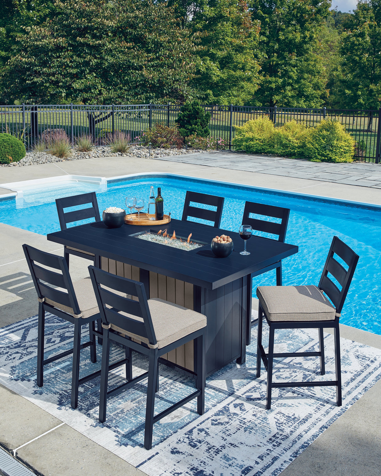 East Beach Outdoor Fire Pit Table and 6 Barstools in Navy Blue/Driftwood from Ashley - Luna Furniture