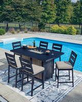 East Beach Outdoor Fire Pit Table and 6 Barstools in Navy Blue/Driftwood from Ashley - Luna Furniture
