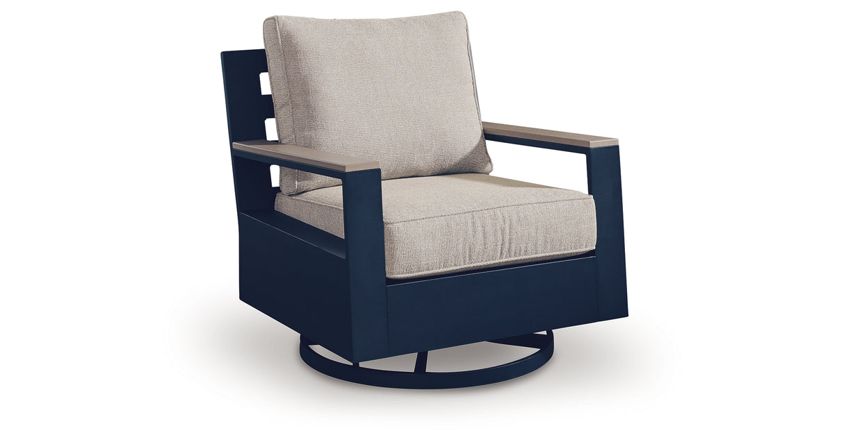 East Beach Blue Outdoor Swivel Glider Chair with Cushion from Ashley Furniture - Luna Furniture