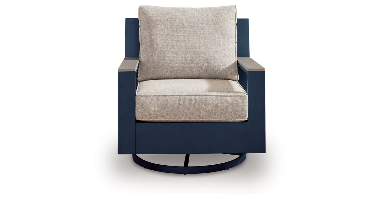 East Beach Outdoor Sofa with 2 Swivel Glider Chairs in Navy Blue/Driftwood from Ashley Furniture - Luna Furniture