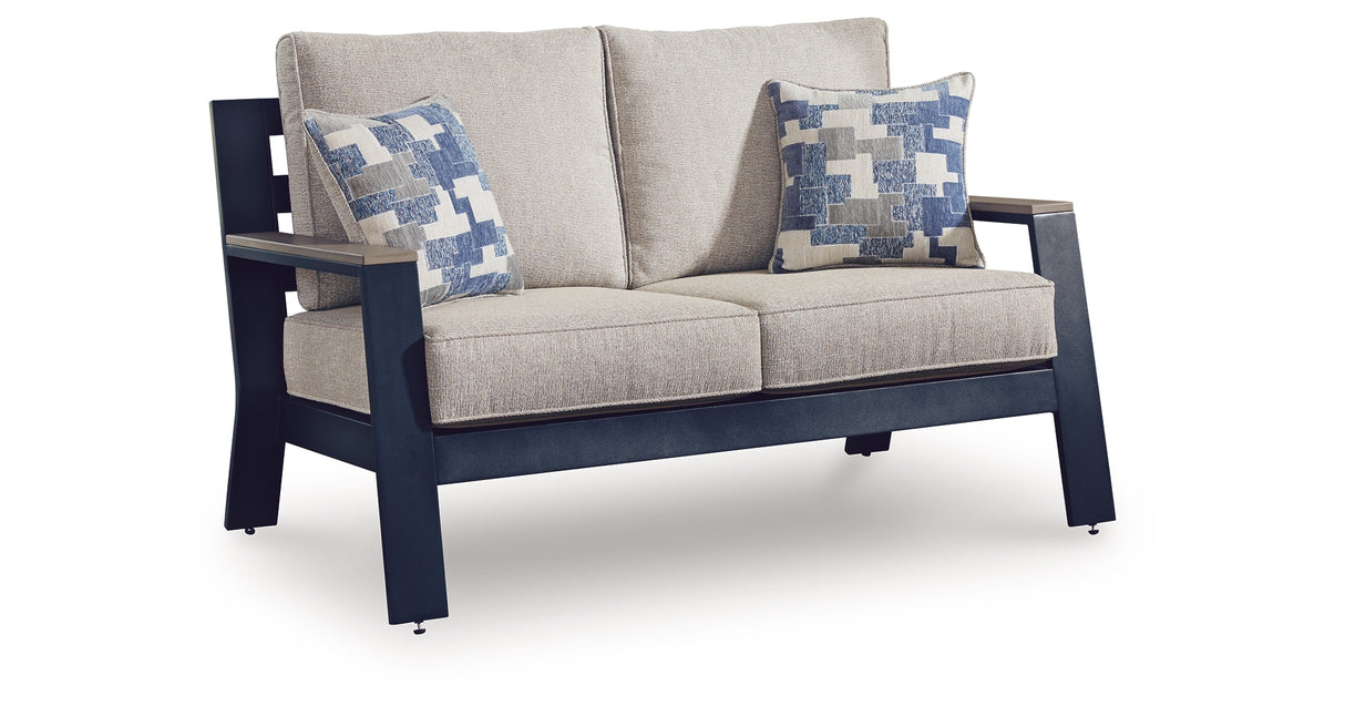 East Beach Blue Outdoor Loveseat with Cushion from Ashley Furniture - Luna Furniture