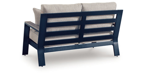 East Beach Outdoor Sofa and Loveseat with Coffee Table in Navy Blue/Driftwood from Ashley - Luna Furniture