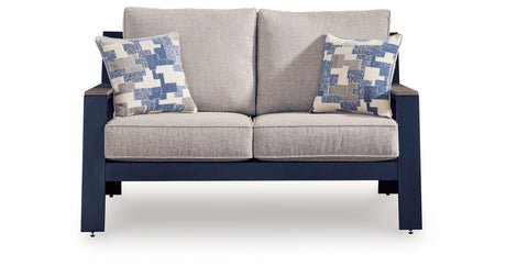East Beach Outdoor Sofa and Loveseat with Coffee Table in Navy Blue/Driftwood from Ashley - Luna Furniture