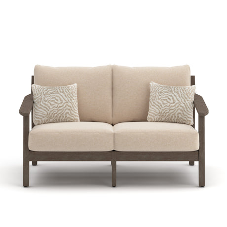 Adams Lane Dark Brown/Beige Outdoor Loveseat from Ashley - Luna Furniture