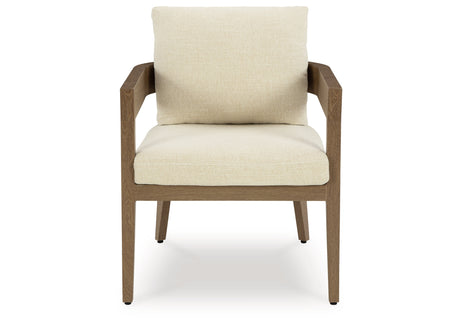 Serene Bay Dark Brown/White Outdoor Dining Arm Chair with Cushion from Ashley Furniture - Luna Furniture