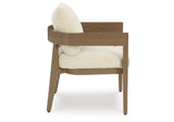 Serene Bay Dark Brown/White Outdoor Dining Arm Chair with Cushion from Ashley Furniture - Luna Furniture