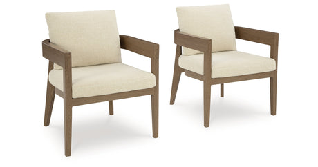 Serene Bay Dark Brown/White Outdoor Dining Arm Chair with Cushion from Ashley Furniture - Luna Furniture