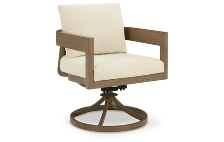 Serene Bay Dark Brown/White Outdoor Swivel Dining Chair with Cushion from Ashley Furniture - Luna Furniture