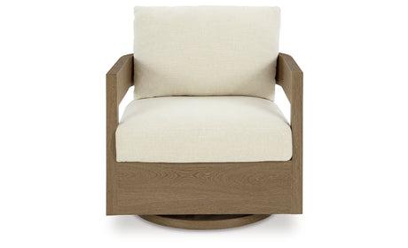 Serene Bay Dark Brown/White Outdoor Swivel Glider Chair with Cushion from Ashley Furniture - Luna Furniture