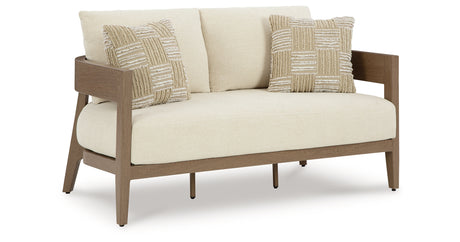 Serene Bay Outdoor Sofa and Loveseat with Coffee Table in Dark Brown/White from Ashley Furniture - Luna Furniture