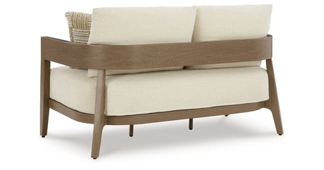 Serene Bay Dark Brown/White Outdoor Loveseat with Cushion from Ashley Furniture - Luna Furniture