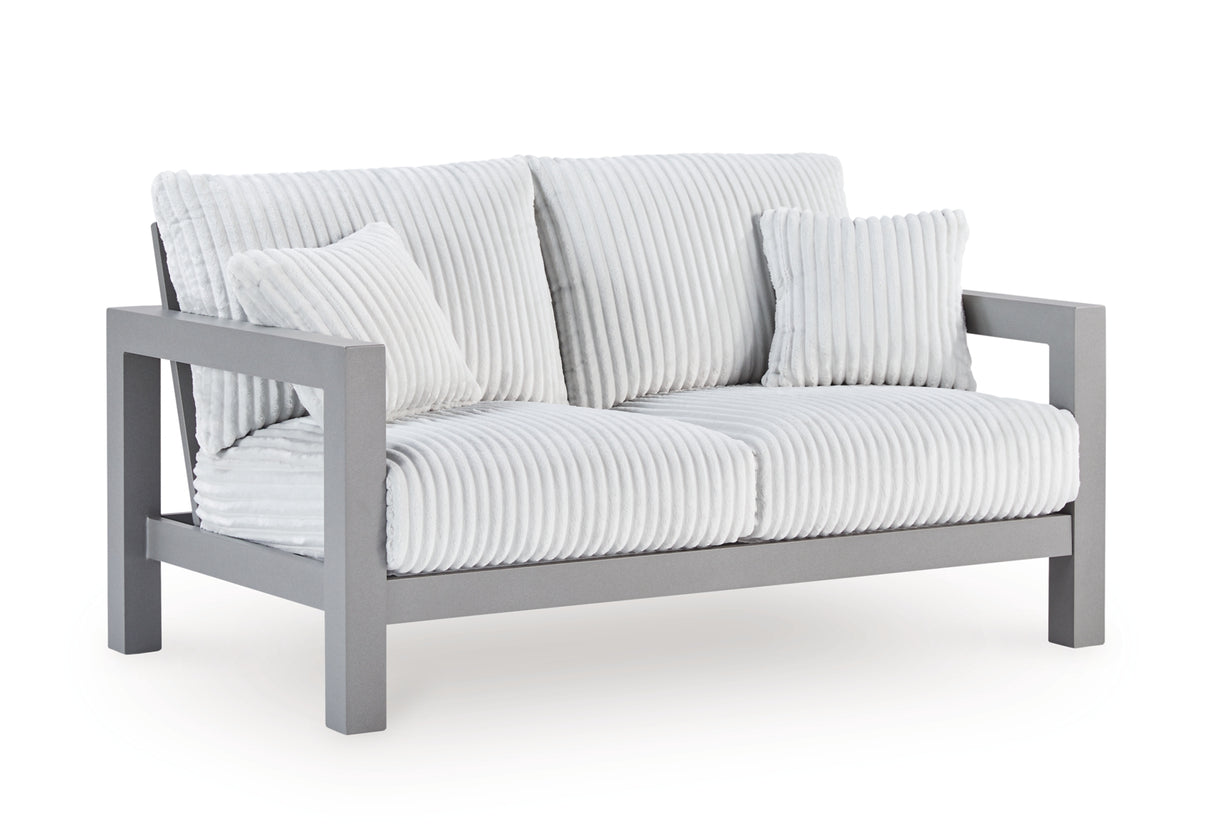 Hurley Park Outdoor Loveseat and 2 Lounge Chairs with Coffee Table in Gray from Ashley Furniture - Luna Furniture