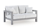 Hurley Park Outdoor Loveseat and 2 Lounge Chairs with Coffee Table in Gray from Ashley Furniture - Luna Furniture
