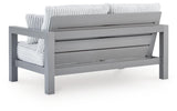 Hurley Park Outdoor Sofa and Loveseat with Coffee Table and 2 End Tables in Gray from Ashley Furniture - Luna Furniture