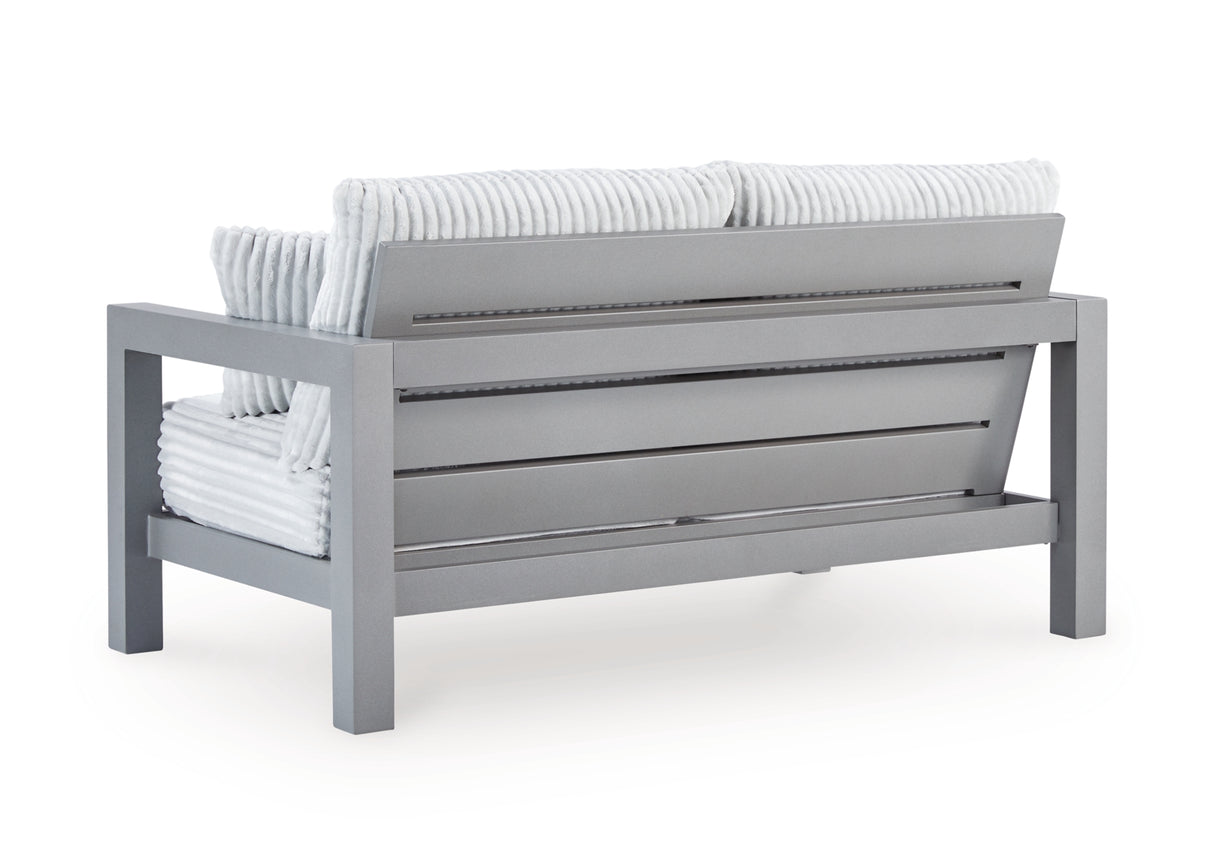 Hurley Park Outdoor Loveseat and 2 Lounge Chairs with Coffee Table in Gray from Ashley Furniture - Luna Furniture