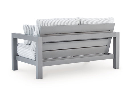Hurley Park Outdoor Loveseat and 2 Lounge Chairs with Coffee Table in Gray from Ashley Furniture - Luna Furniture
